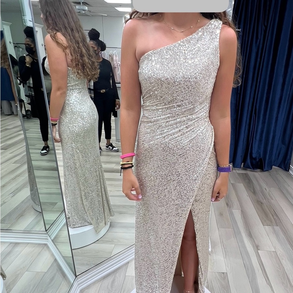 La Femme Gold Sequin Asymmetrical Gown